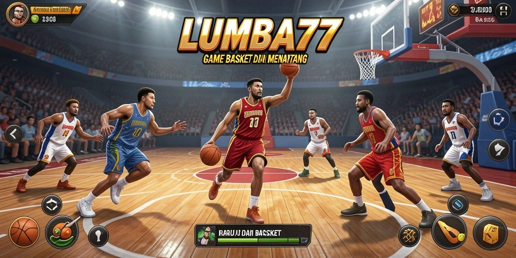 Antarmuka LUMBA77 dengan suasana lapangan basket yang realistis.